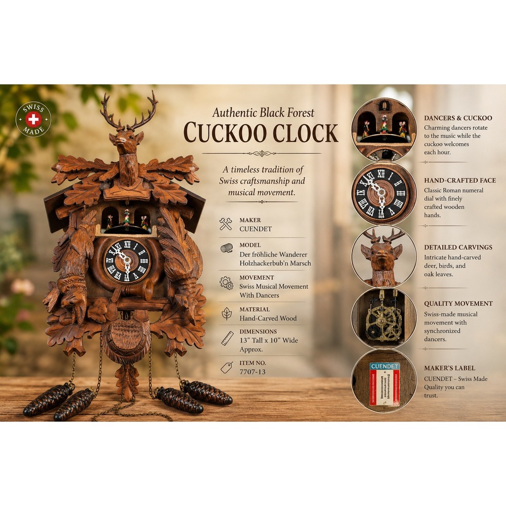 Vintage Cuendet Swiss Musical Cuckoo Clock Hand Carved Wood Stag Hunter Scene